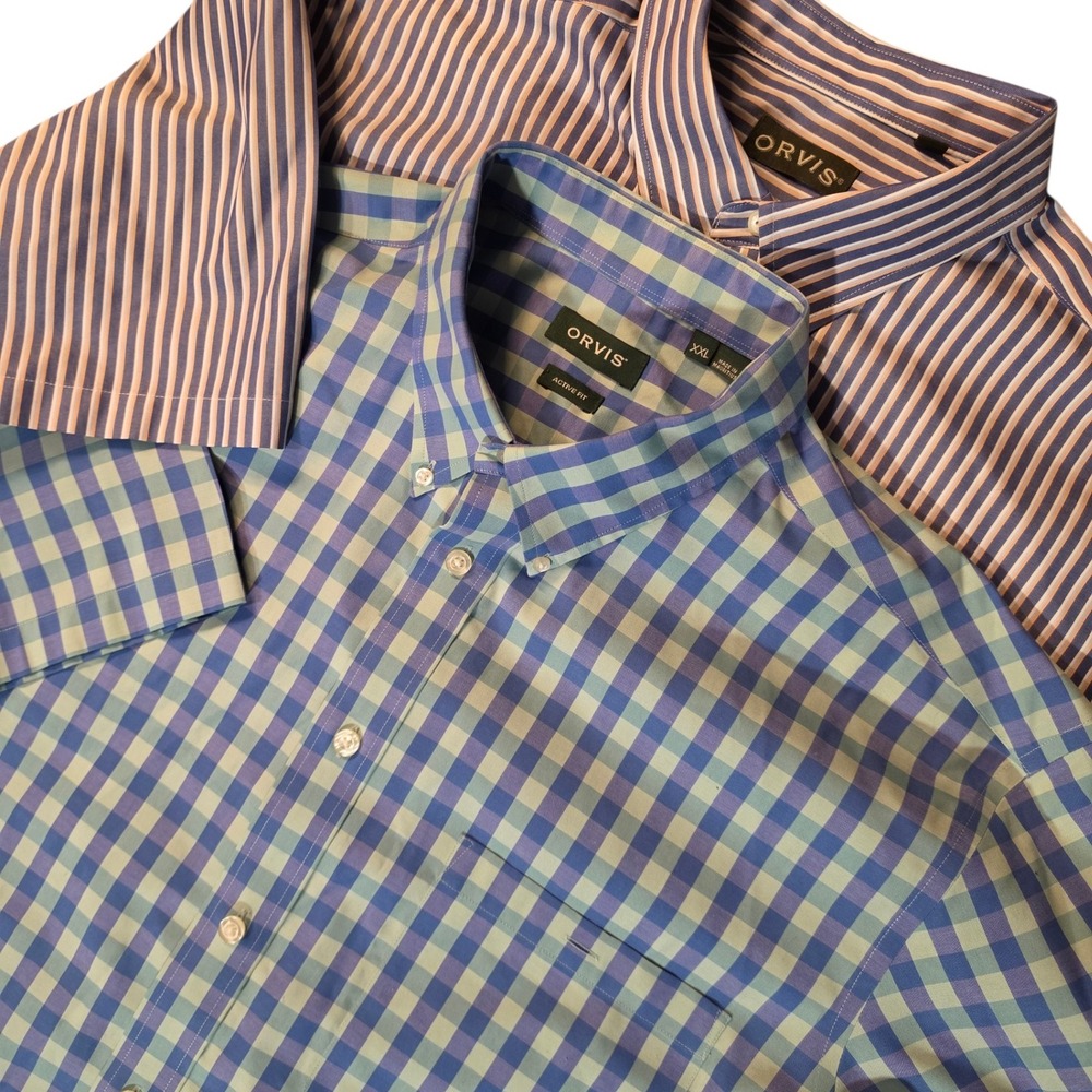 Orvis Mens XXL Short Sleeve Button Down Shirt‎ Lot 2 Active Fit Gingham Striped